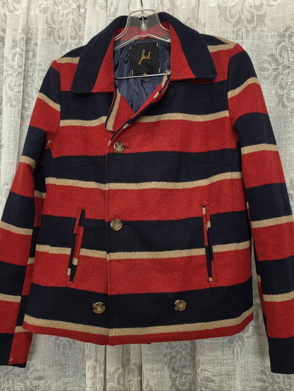 Jack by BB Dakota Red, Navy & Tan Striped Peacoat Sz Small